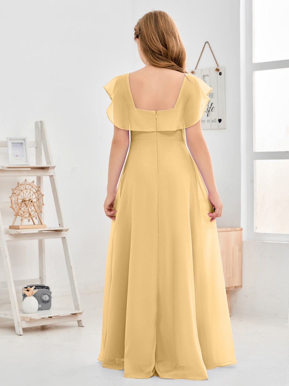 Gewelltes U-Ausschnitt Chiffon Junior Brautjungfernkleid