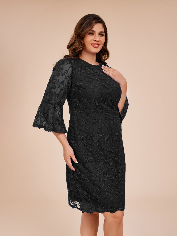 Säule 3/4 Ärmel Knielang Spitze Mutter der Braut Kleid