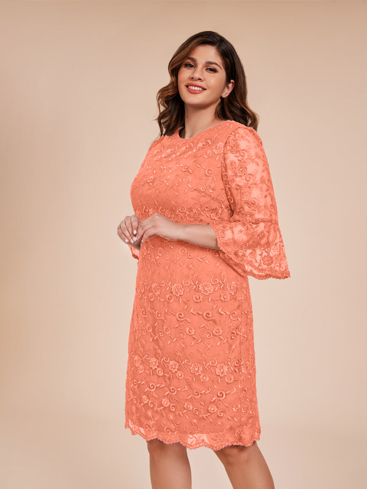 Säule 3/4 Ärmel Knielang Spitze Mutter der Braut Kleid