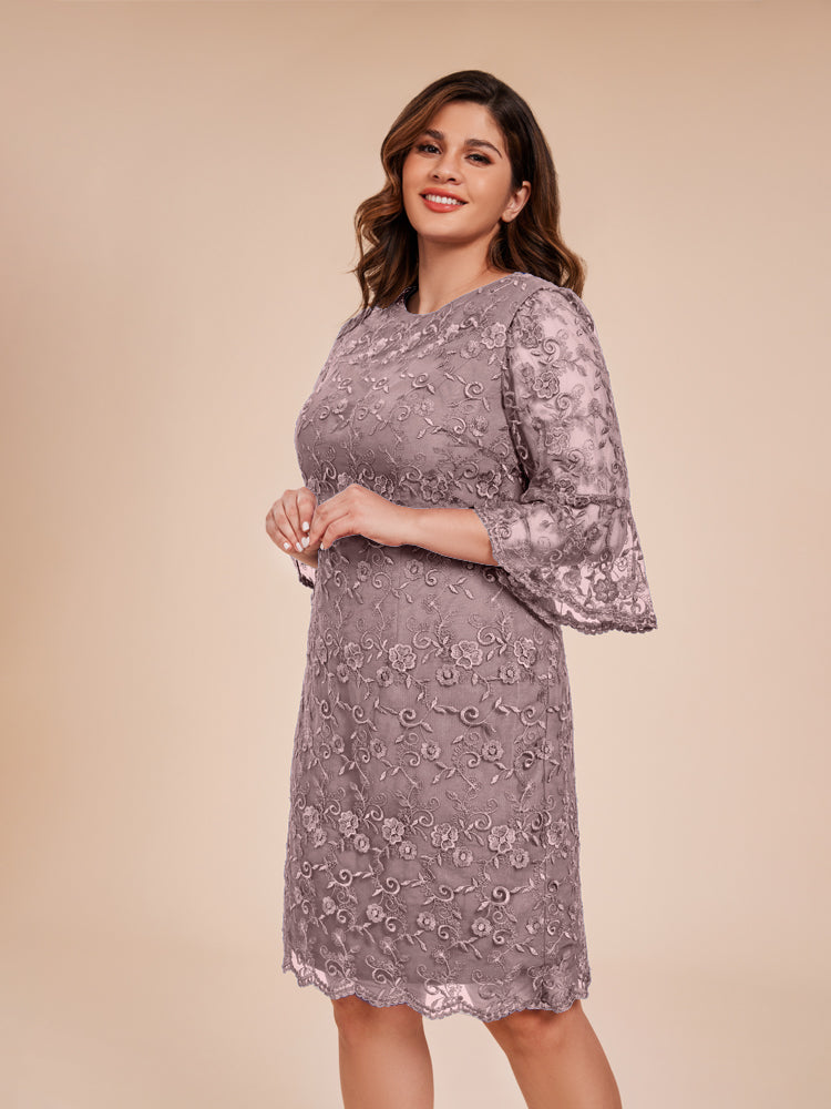 Säule 3/4 Ärmel Knielang Spitze Mutter der Braut Kleid