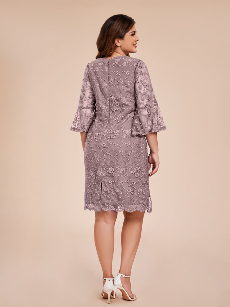 Säule 3/4 Ärmel Knielang Spitze Mutter der Braut Kleid