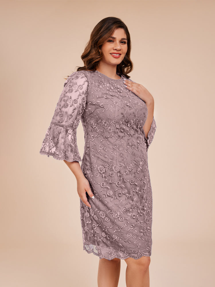 Säule 3/4 Ärmel Knielang Spitze Mutter der Braut Kleid