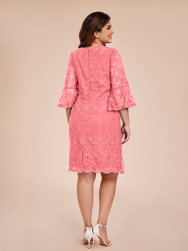 Säule 3/4 Ärmel Knielang Spitze Mutter der Braut Kleid