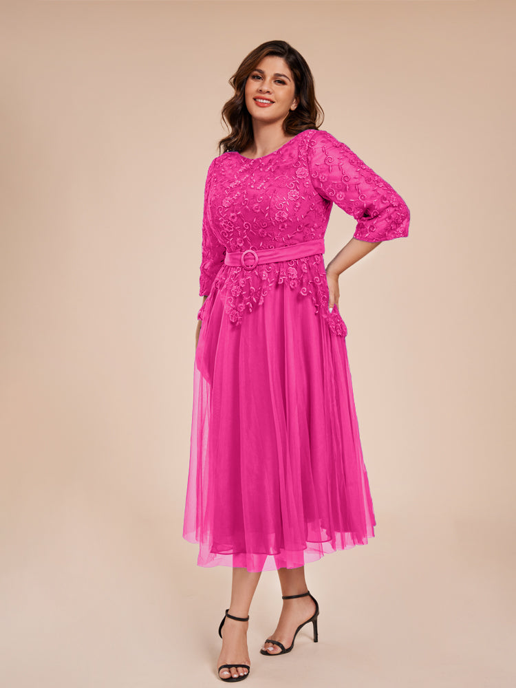 Elegante Illusion Spitze Mieder 3/4 Ärmel Belted Tee Länge Tüll Mutter der Braut Kleid