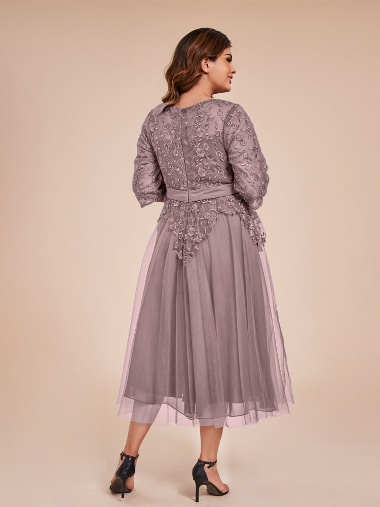 Elegante Illusion Spitze Mieder 3/4 Ärmel Belted Tee Länge Tüll Mutter der Braut Kleid