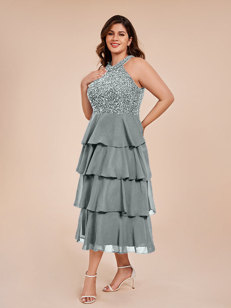 A Line Halter Delicate Beaded Top Layered Chiffon Mutter der Braut Kleid