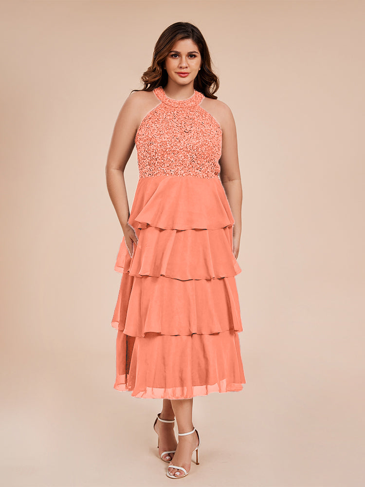 A Line Halter Delicate Beaded Top Layered Chiffon Mutter der Braut Kleid