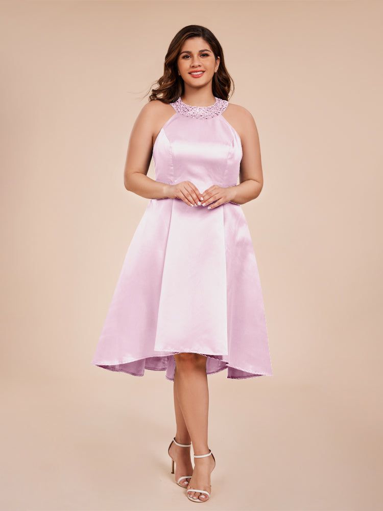 Halter Perlenausschnitt A Linie hoch niedrig Satin Mutter der Braut Kleid