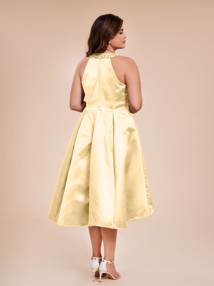 Halter Perlenausschnitt A Linie hoch niedrig Satin Mutter der Braut Kleid