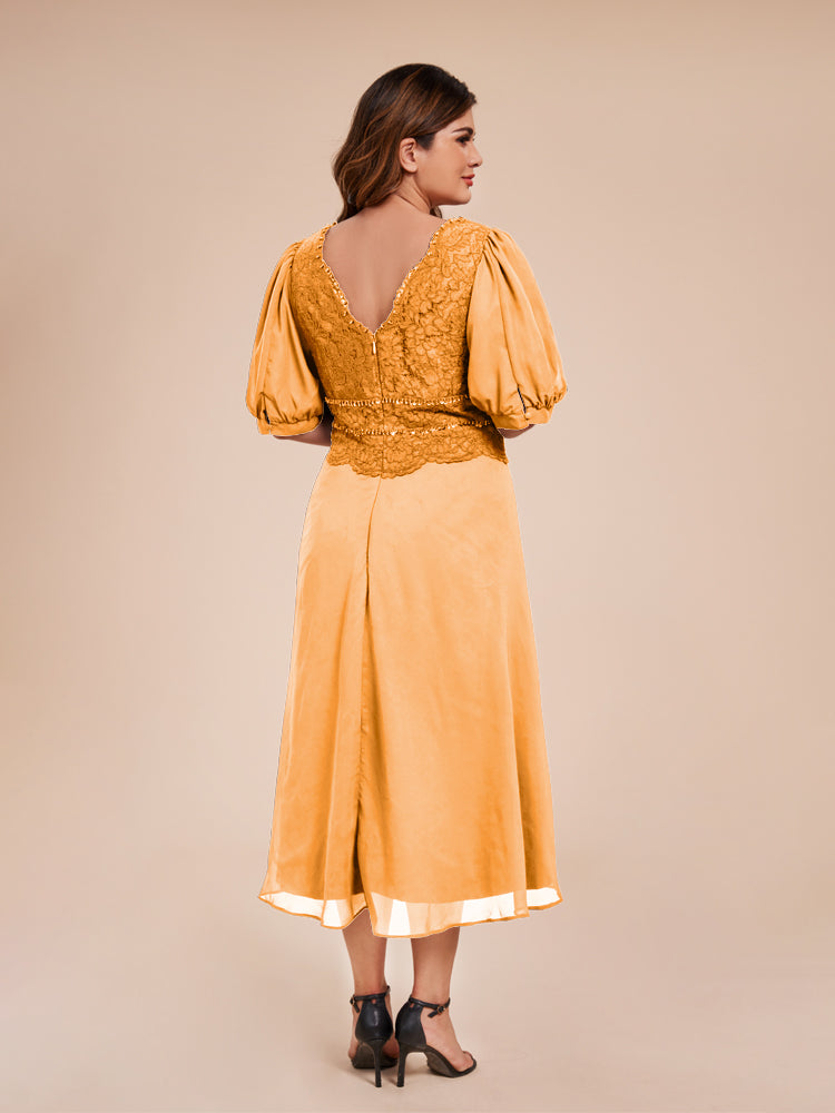 A Line Half Laterne Ärmel V-Ausschnitt Spitze Top Chiffon Mutter der Braut Kleid