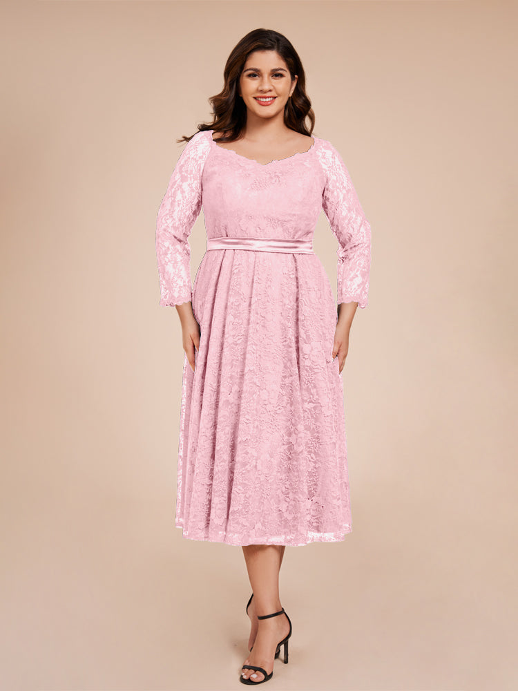 A Line Tee Länge mit Ärmeln Schleife Krawatte zurück Spitze Mutter der Braut Kleid