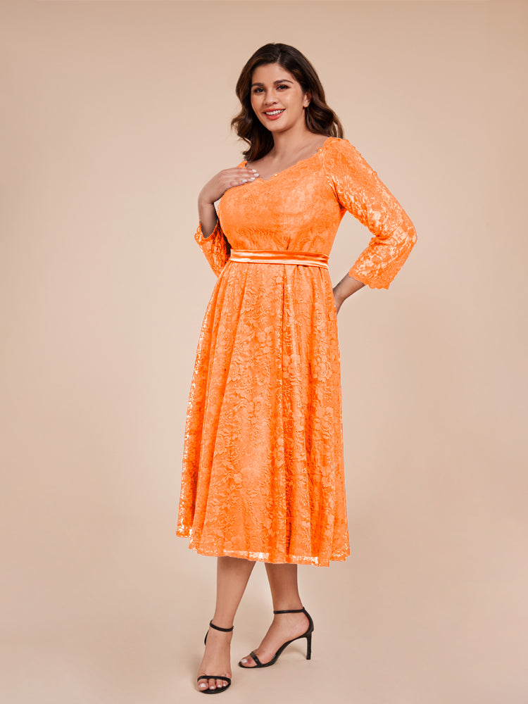 A Line Tee Länge mit Ärmeln Schleife Krawatte zurück Spitze Mutter der Braut Kleid