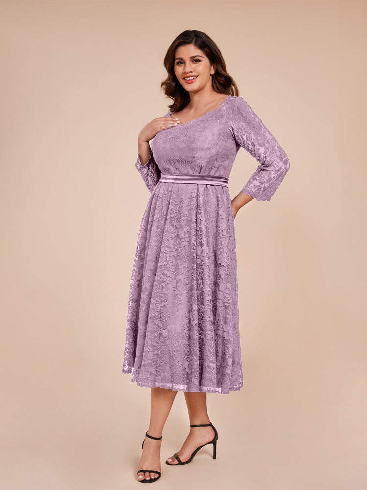 A Line Tee Länge mit Ärmeln Schleife Krawatte zurück Spitze Mutter der Braut Kleid