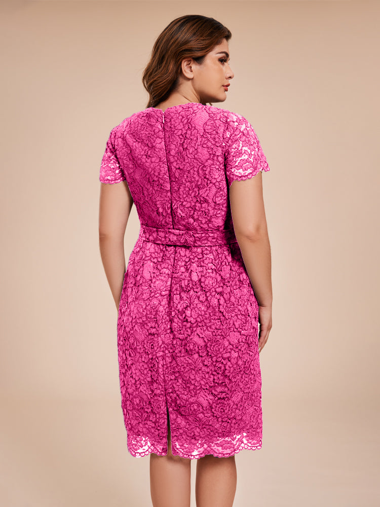 Mantel kurze Ärmel knielang Spitze Mutter der Braut Kleid mit Kristall Gürtel