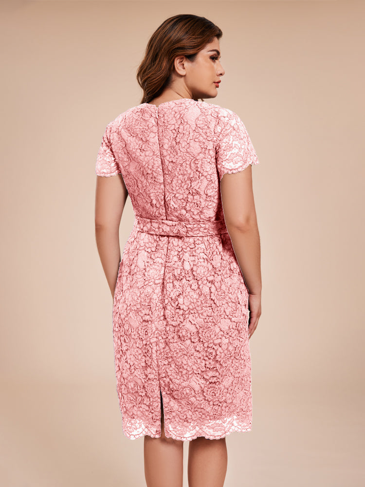 Mantel kurze Ärmel knielang Spitze Mutter der Braut Kleid mit Kristall Gürtel