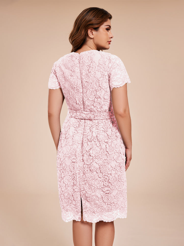 Mantel kurze Ärmel knielang Spitze Mutter der Braut Kleid mit Kristall Gürtel