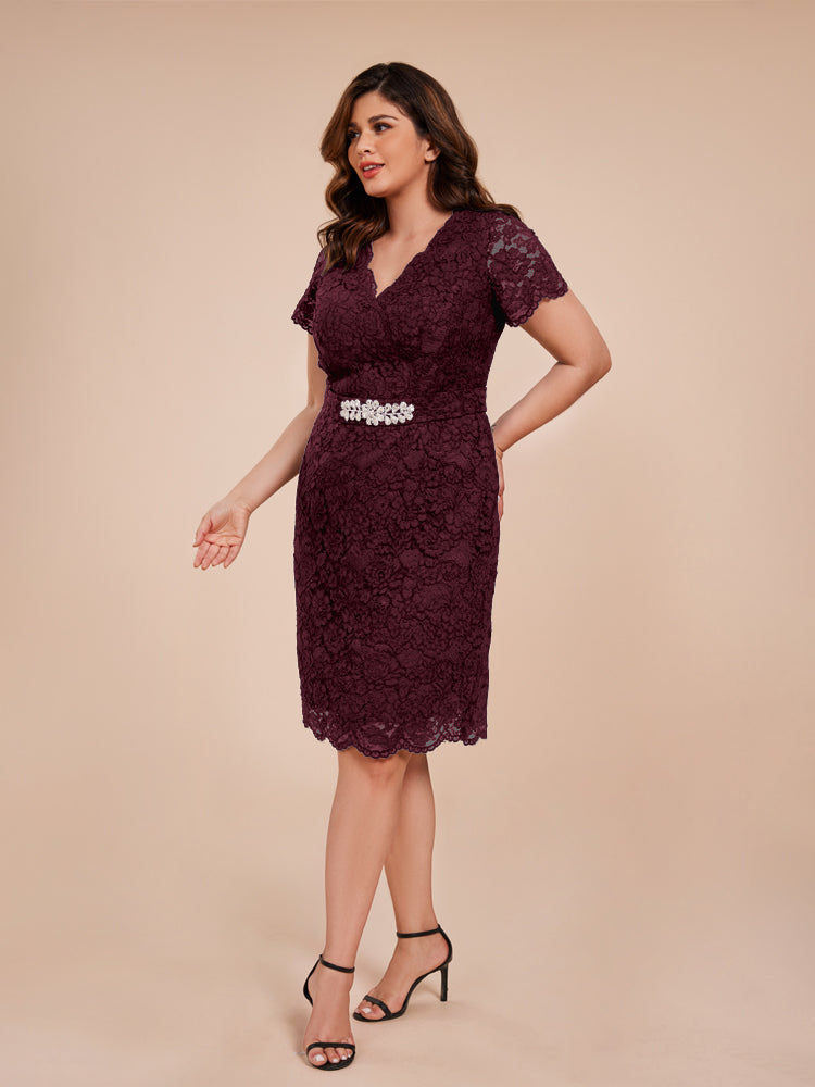 Mantel kurze Ärmel knielang Spitze Mutter der Braut Kleid mit Kristall Gürtel