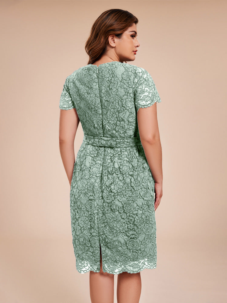 Mantel kurze Ärmel knielang Spitze Mutter der Braut Kleid mit Kristall Gürtel