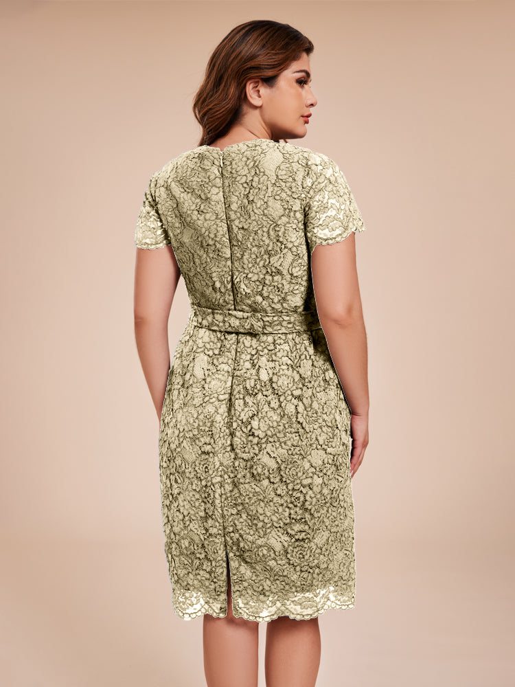 Mantel kurze Ärmel knielang Spitze Mutter der Braut Kleid mit Kristall Gürtel