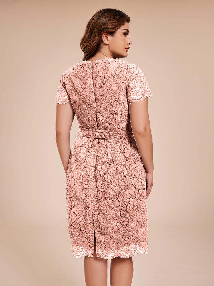 Mantel kurze Ärmel knielang Spitze Mutter der Braut Kleid mit Kristall Gürtel