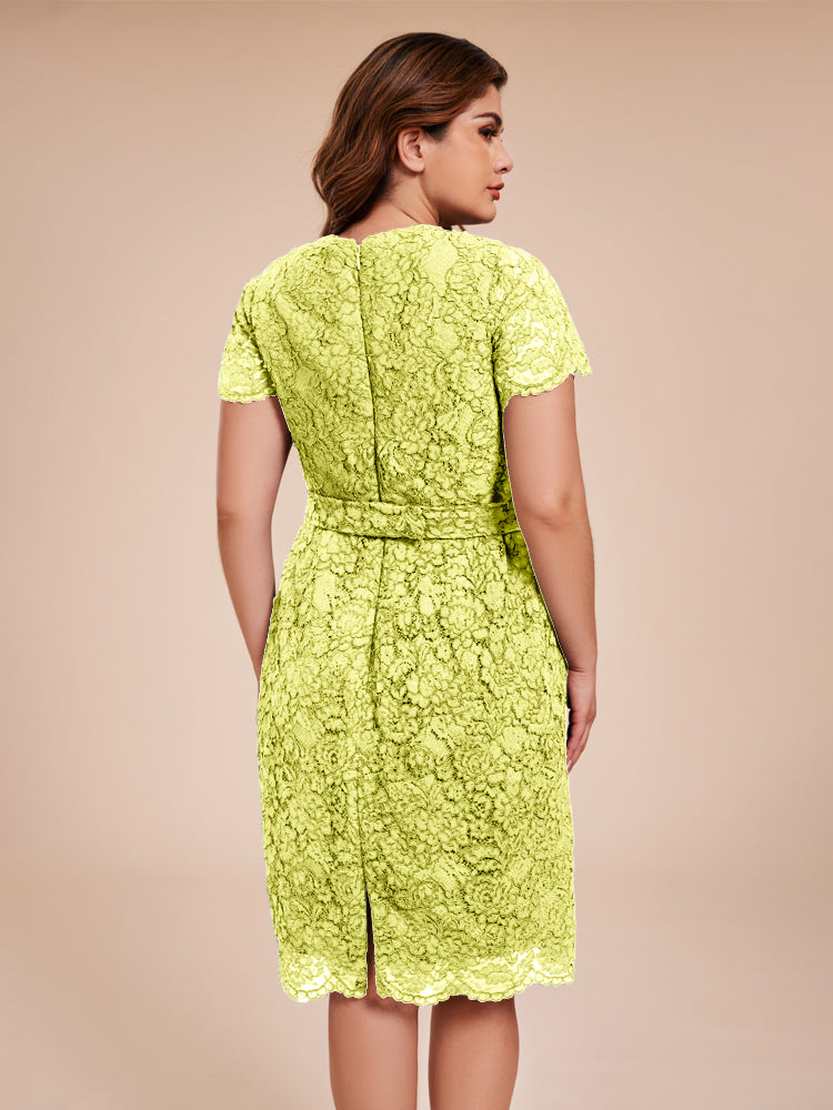 Mantel kurze Ärmel knielang Spitze Mutter der Braut Kleid mit Kristall Gürtel