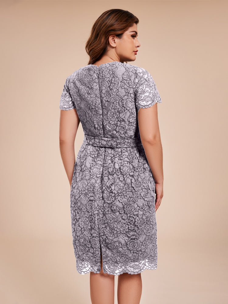 Mantel kurze Ärmel knielang Spitze Mutter der Braut Kleid mit Kristall Gürtel