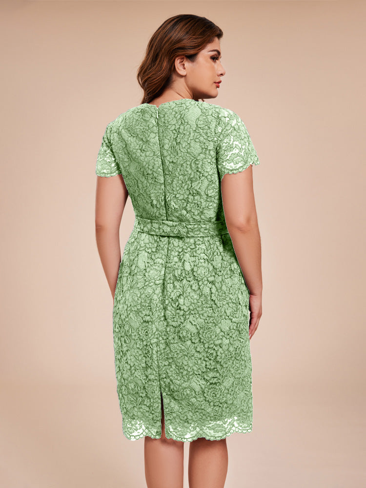 Mantel kurze Ärmel knielang Spitze Mutter der Braut Kleid mit Kristall Gürtel