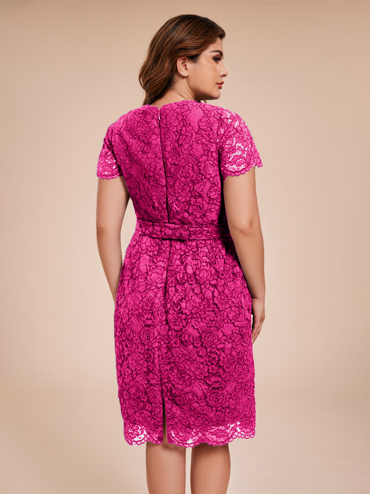 Mantel kurze Ärmel knielang Spitze Mutter der Braut Kleid mit Kristall Gürtel