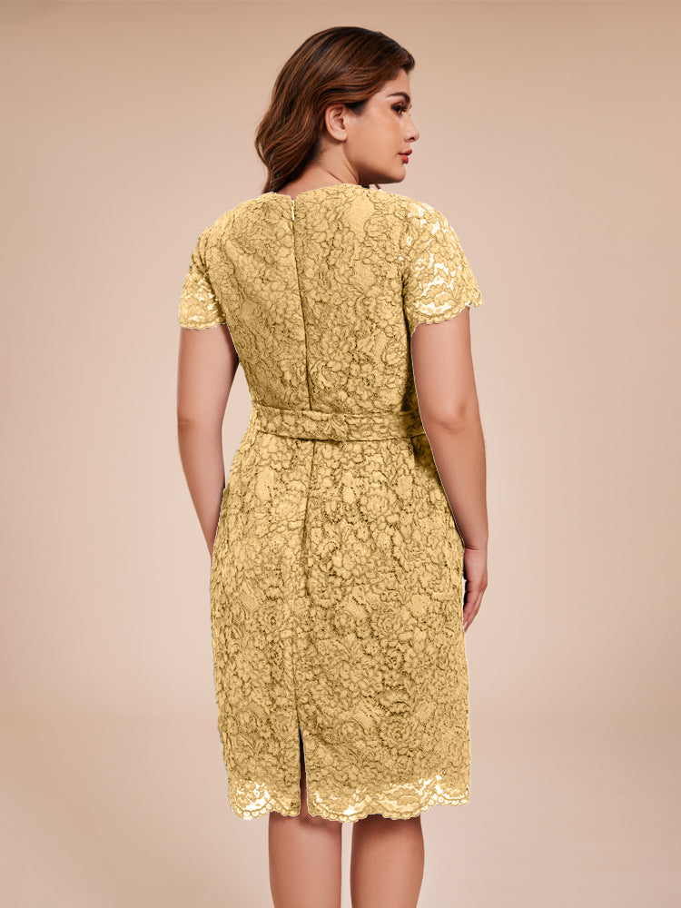 Mantel kurze Ärmel knielang Spitze Mutter der Braut Kleid mit Kristall Gürtel