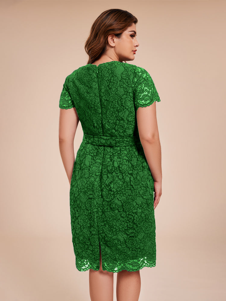 Mantel kurze Ärmel knielang Spitze Mutter der Braut Kleid mit Kristall Gürtel