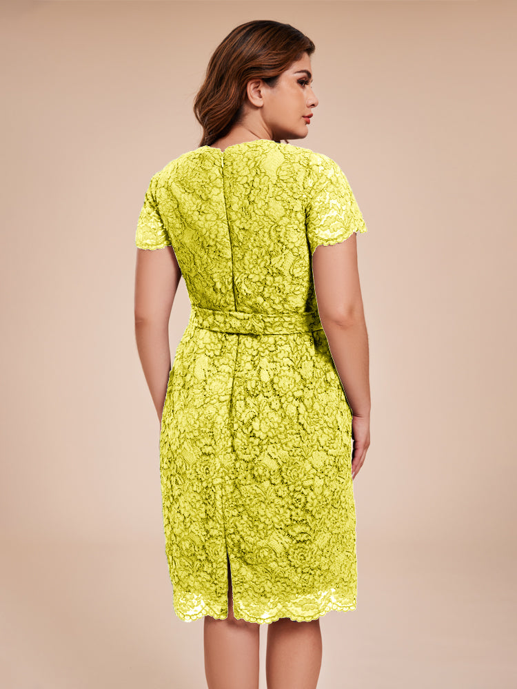 Mantel kurze Ärmel knielang Spitze Mutter der Braut Kleid mit Kristall Gürtel