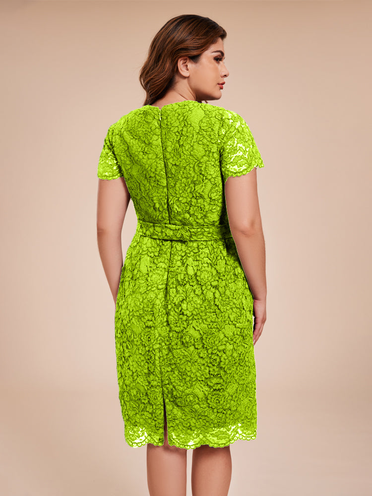 Mantel kurze Ärmel knielang Spitze Mutter der Braut Kleid mit Kristall Gürtel