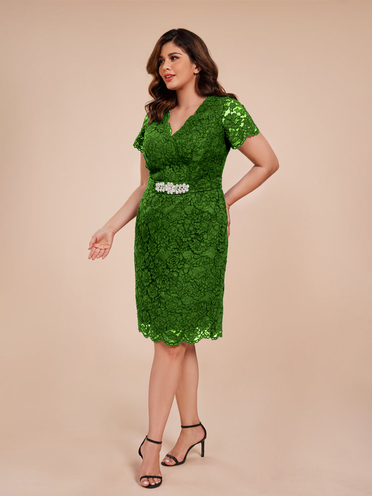 Mantel kurze Ärmel knielang Spitze Mutter der Braut Kleid mit Kristall Gürtel