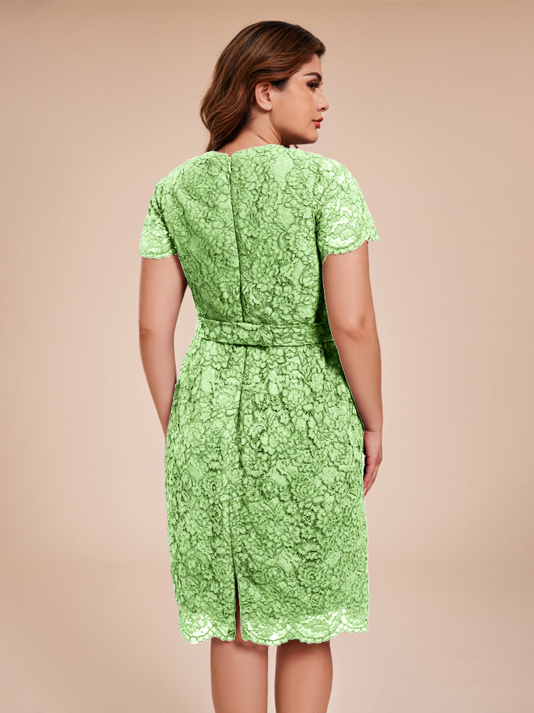 Mantel kurze Ärmel knielang Spitze Mutter der Braut Kleid mit Kristall Gürtel