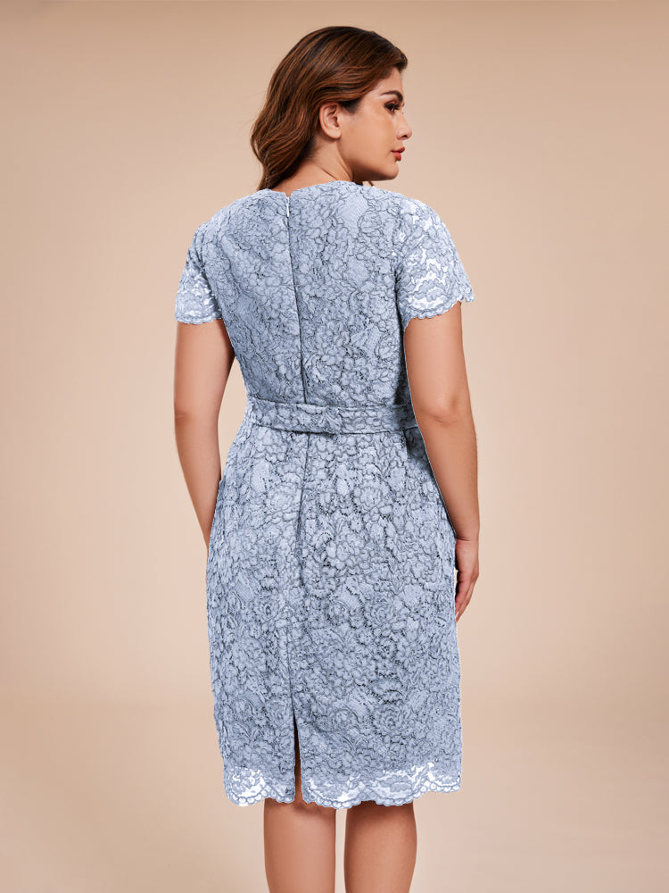 Mantel kurze Ärmel knielang Spitze Mutter der Braut Kleid mit Kristall Gürtel