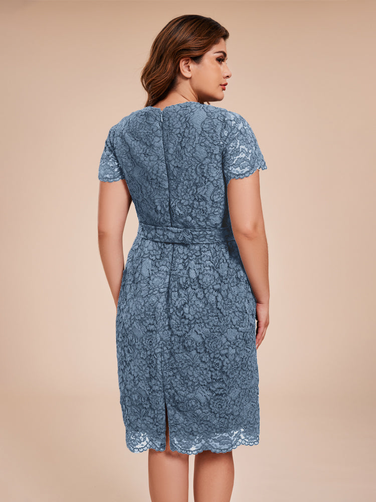 Mantel kurze Ärmel knielang Spitze Mutter der Braut Kleid mit Kristall Gürtel