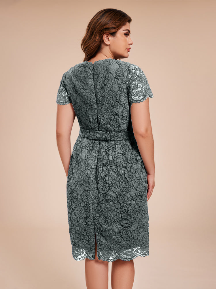 Mantel kurze Ärmel knielang Spitze Mutter der Braut Kleid mit Kristall Gürtel