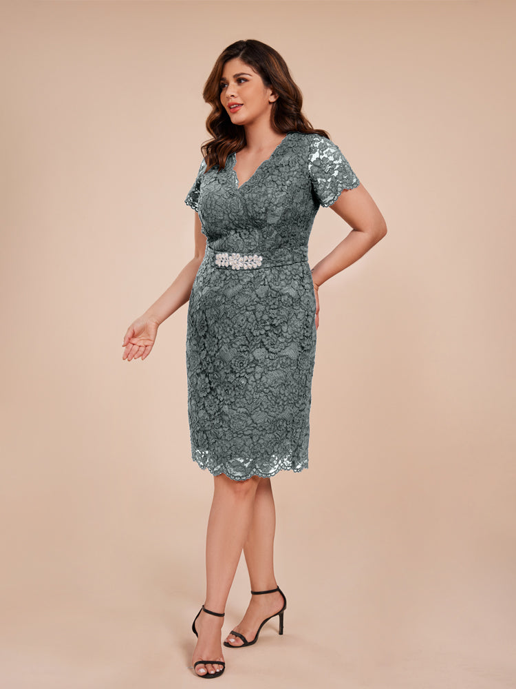 Mantel kurze Ärmel knielang Spitze Mutter der Braut Kleid mit Kristall Gürtel