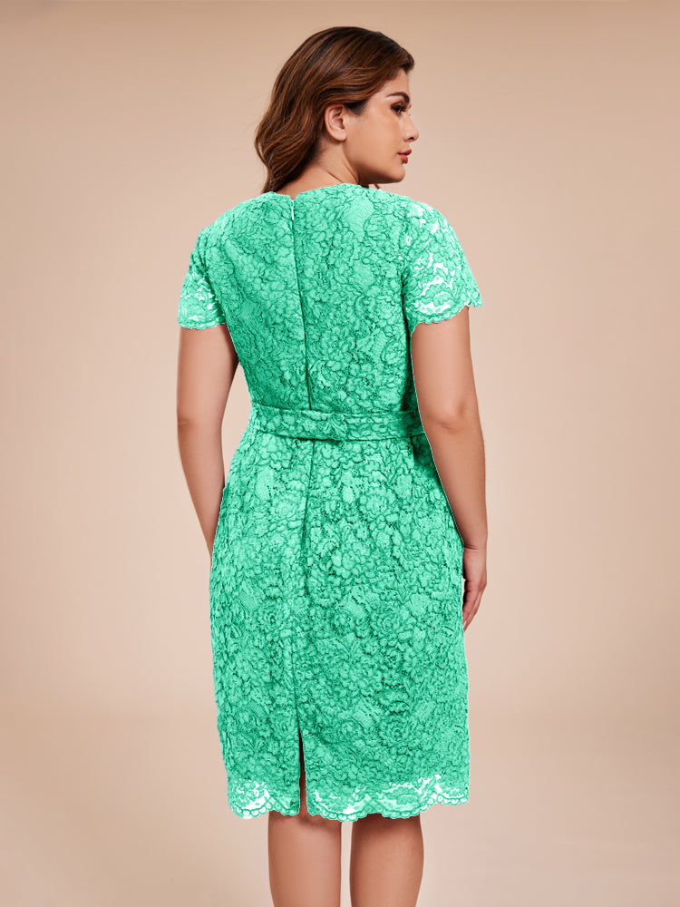 Mantel kurze Ärmel knielang Spitze Mutter der Braut Kleid mit Kristall Gürtel