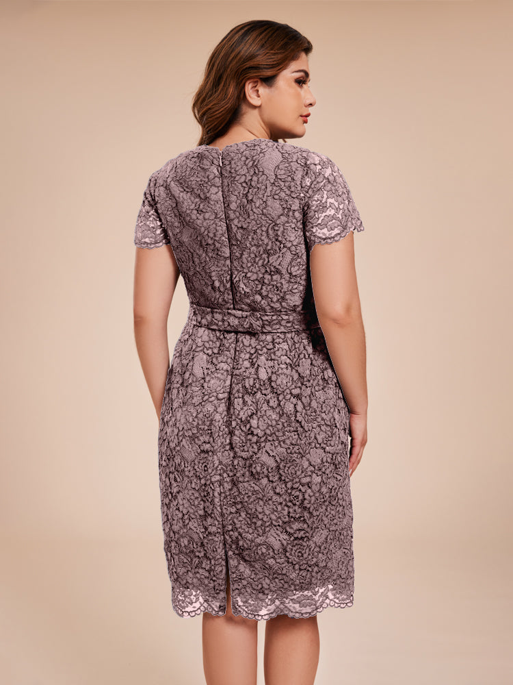 Mantel kurze Ärmel knielang Spitze Mutter der Braut Kleid mit Kristall Gürtel