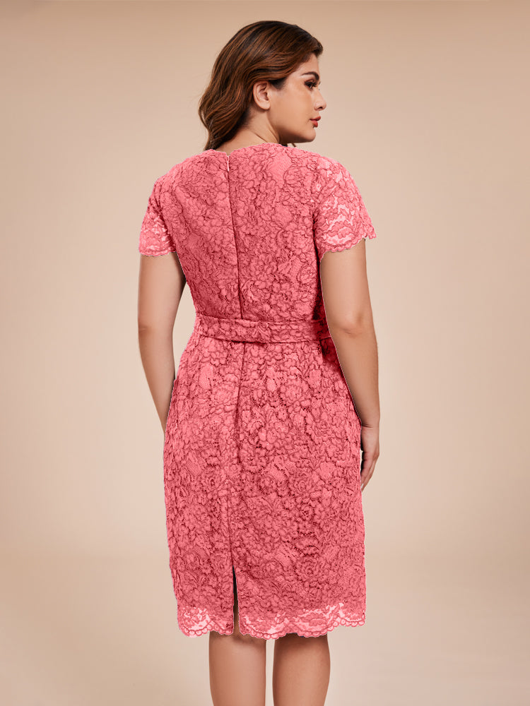 Mantel kurze Ärmel knielang Spitze Mutter der Braut Kleid mit Kristall Gürtel