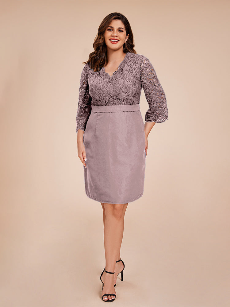 Elegant 3/4 Ärmel V-Ausschnitt Knielang Spitze Mutter der Braut Kleid