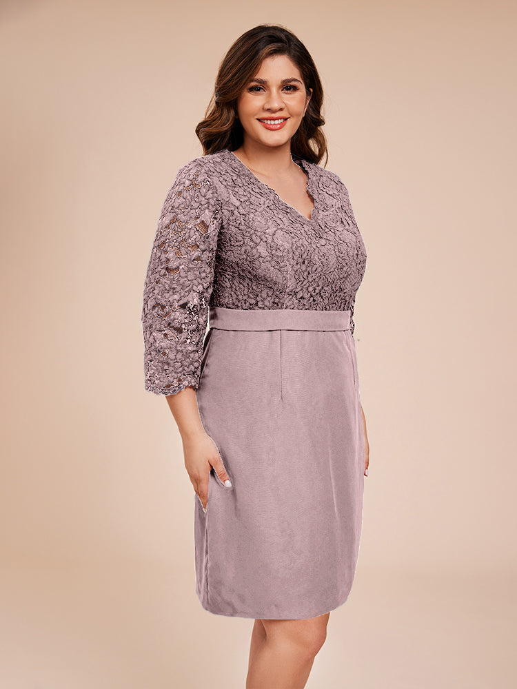 Elegant 3/4 Ärmel V-Ausschnitt Knielang Spitze Mutter der Braut Kleid