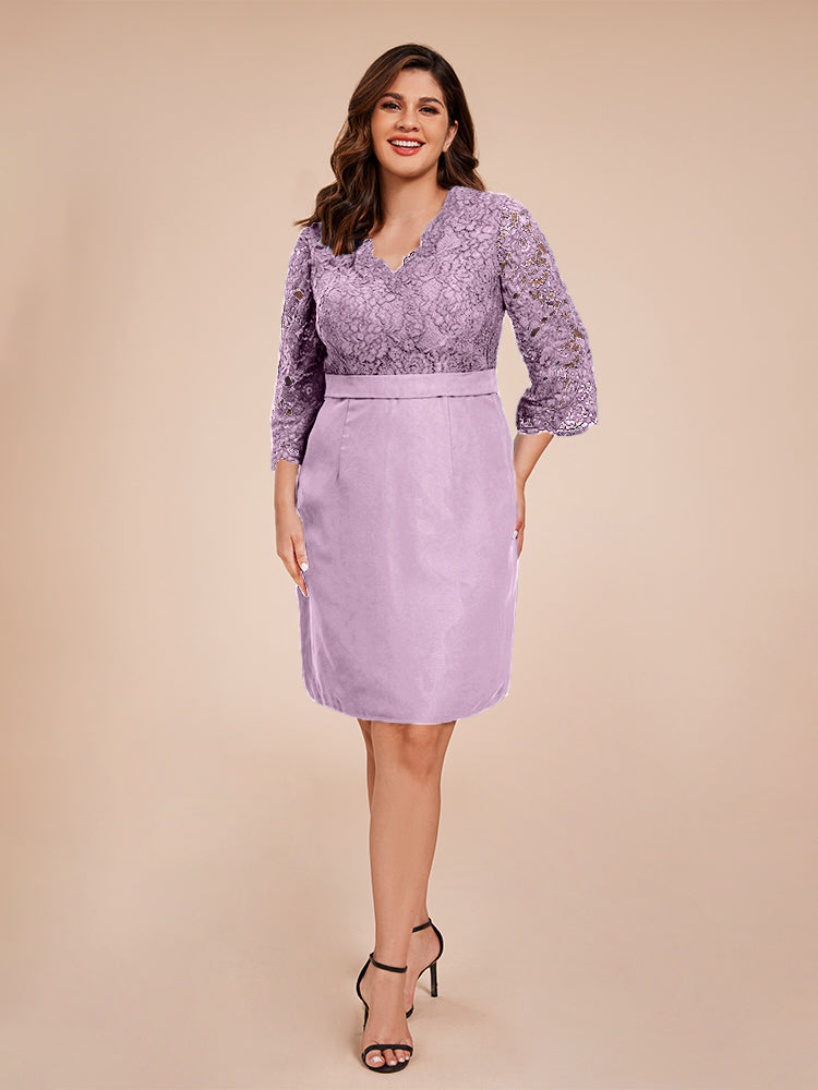 Elegant 3/4 Ärmel V-Ausschnitt Knielang Spitze Mutter der Braut Kleid