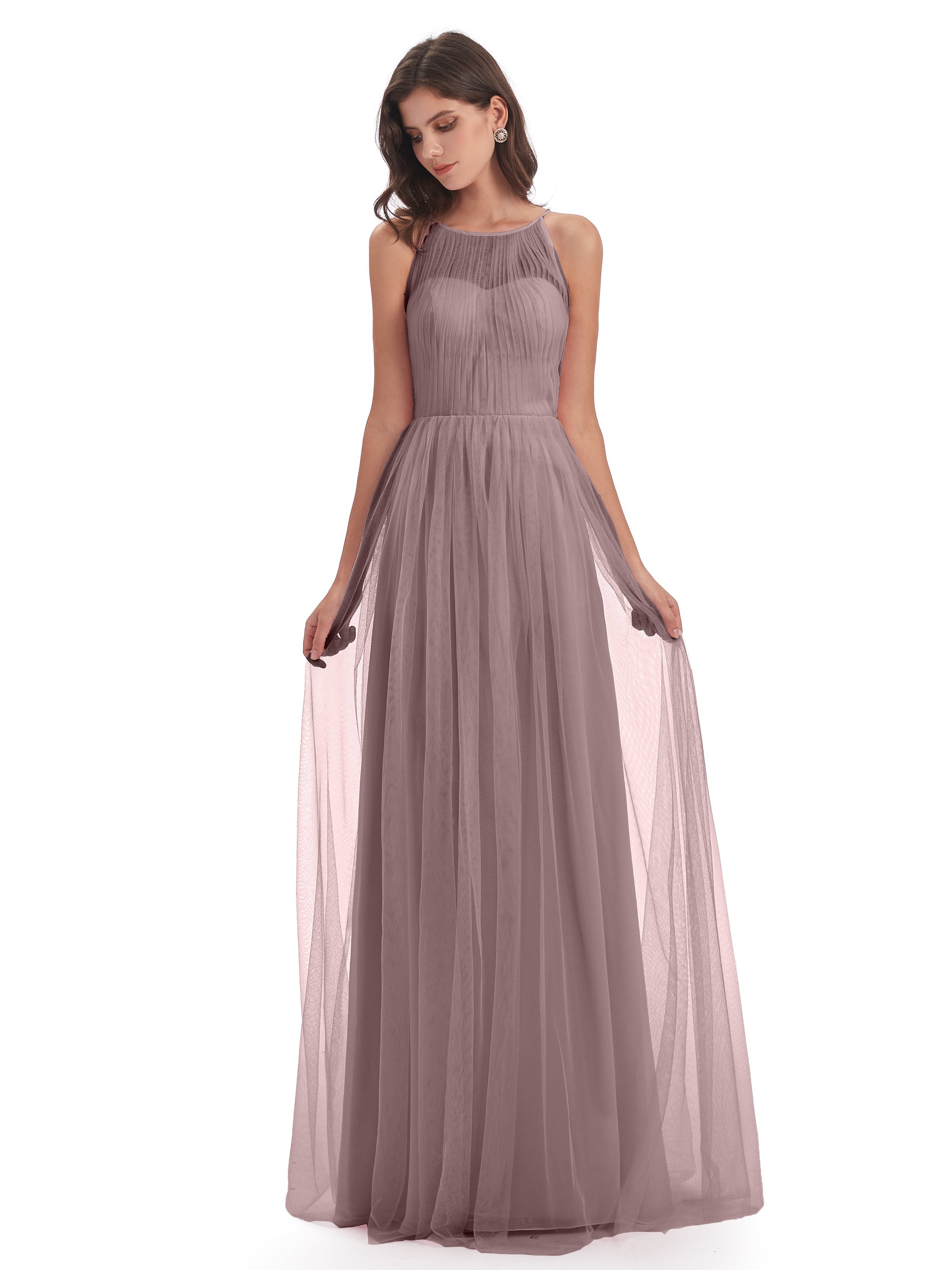 Carla A-Linie Bodenlange Falten Rücken-Reißverschluss Tüll Lange Brautjungfernkleider