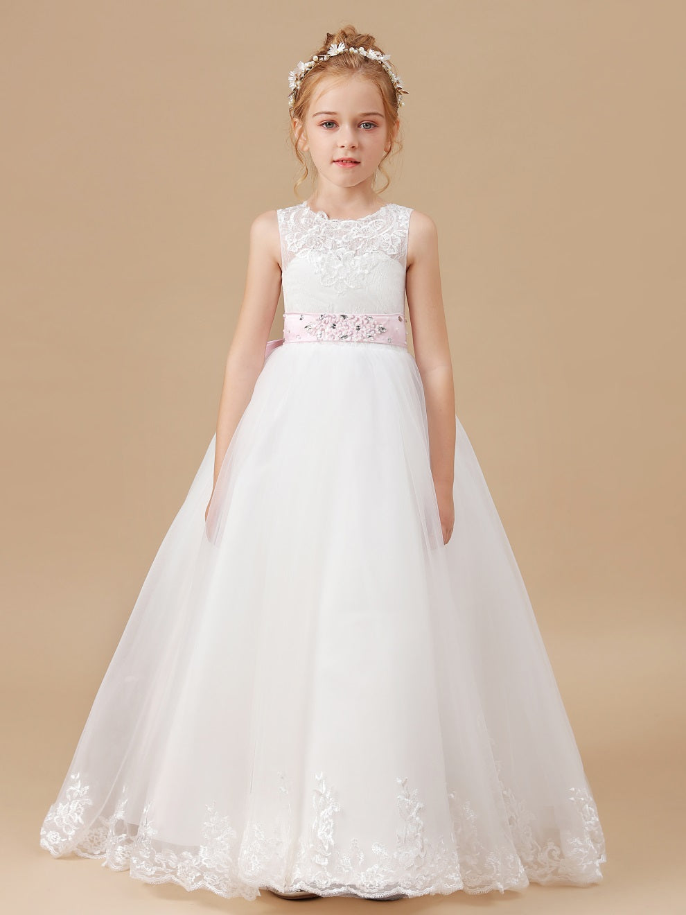 Chic Spitze Applikationen Perlen Gürtel Blumenmädchen Kleid