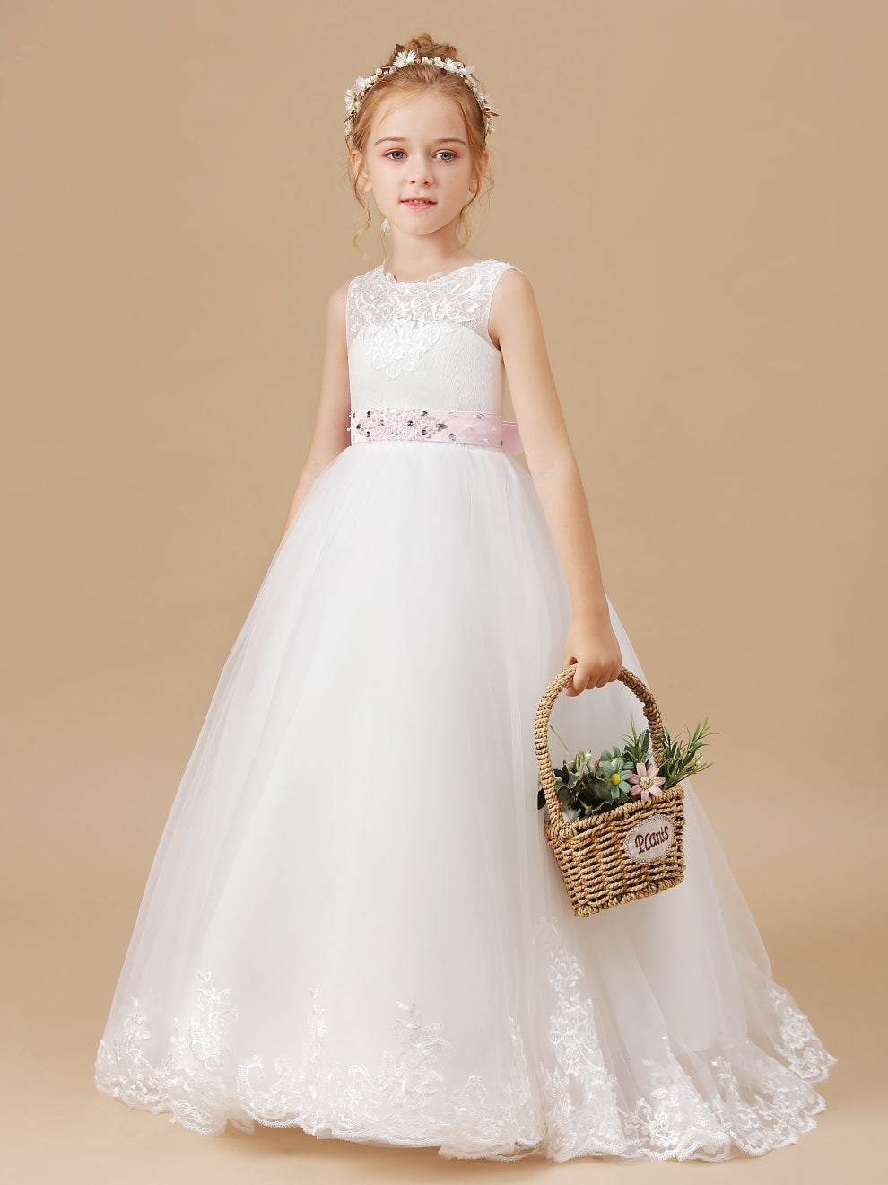 Chic Spitze Applikationen Perlen Gürtel Blumenmädchen Kleid