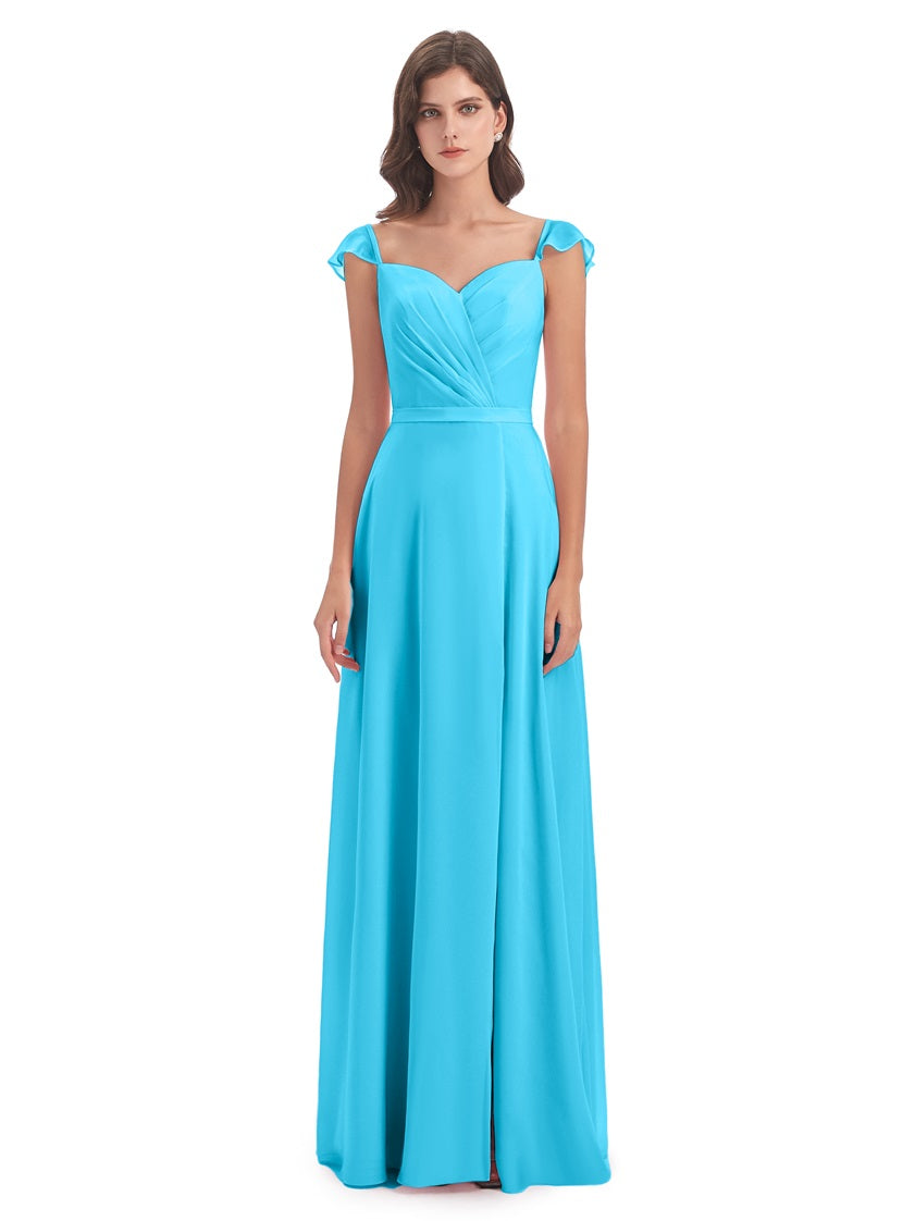 Mylah Etui-Säule Bodenlange Kappenärmel geschlitzte Chiffon Lange Brautjungfernkleider