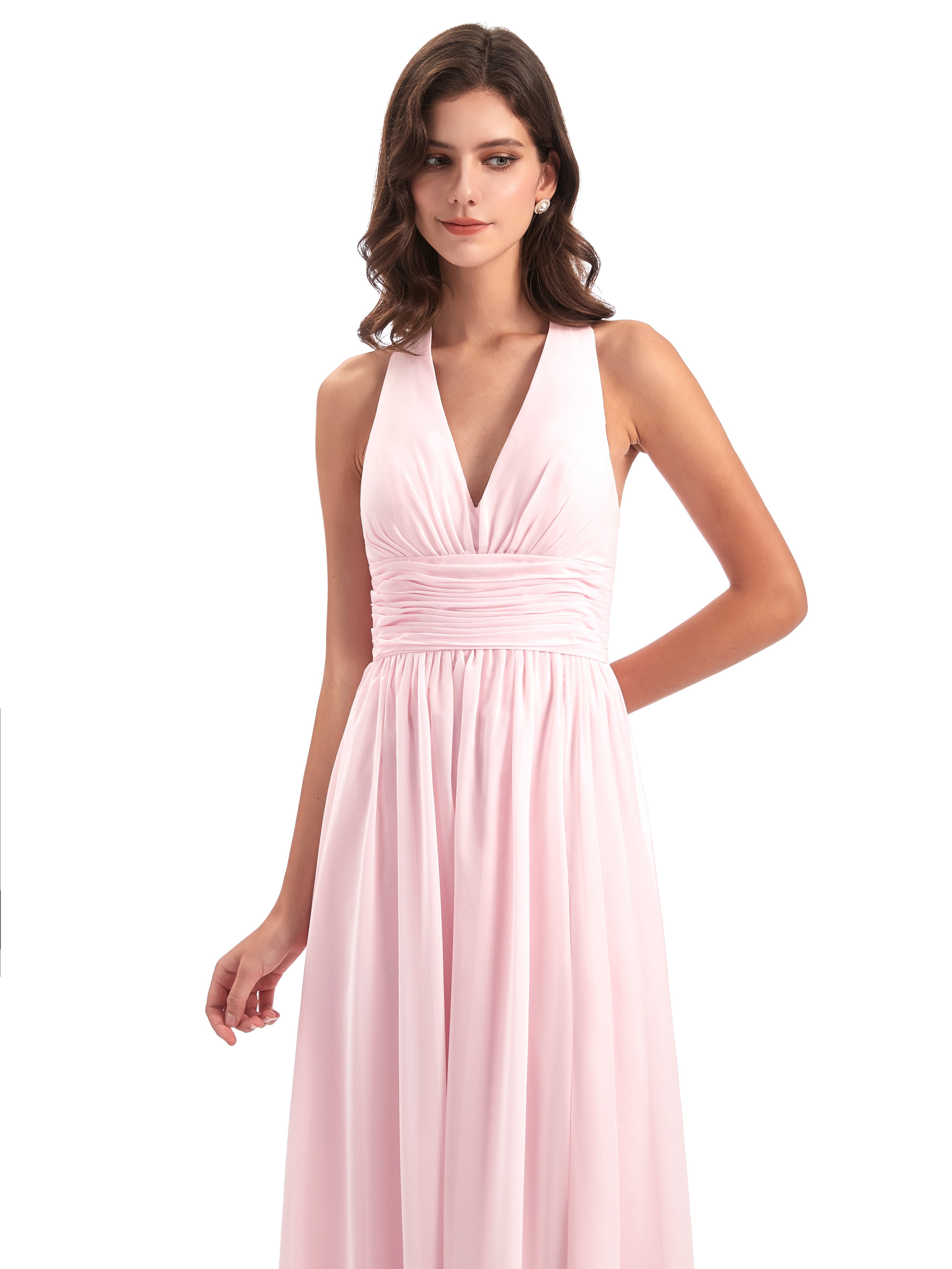 Emily A-Linie Bodenlange V-Ausschnitt geschlitzte Chiffon Lange Brautjungfernkleider