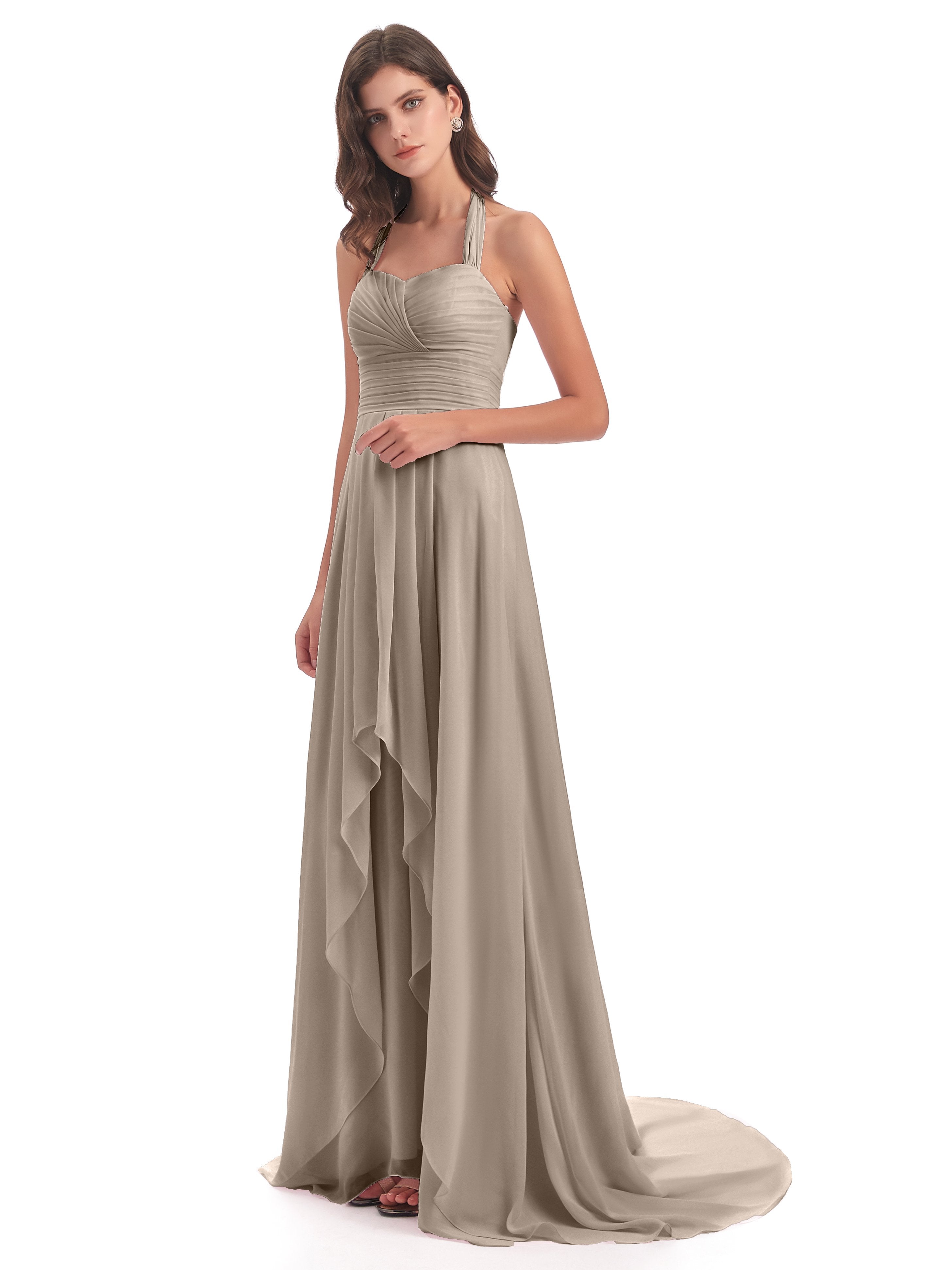 Ensley Asymmetrische High-Low Nackenträger Lange Chiffon Brautjungfernkleider
